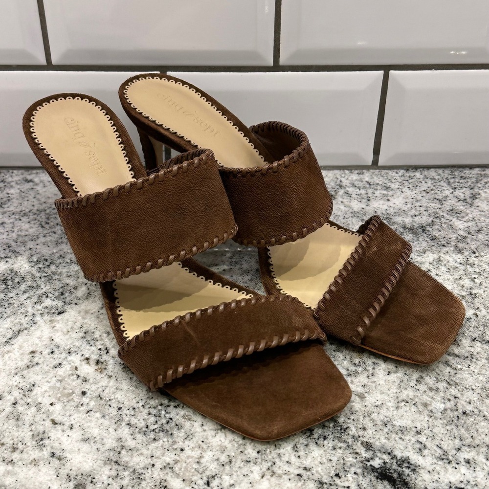 Cinq á Sept Womens 40 Heeled Sandals Brown Suede Whipstitch Square Toe Boho Chic